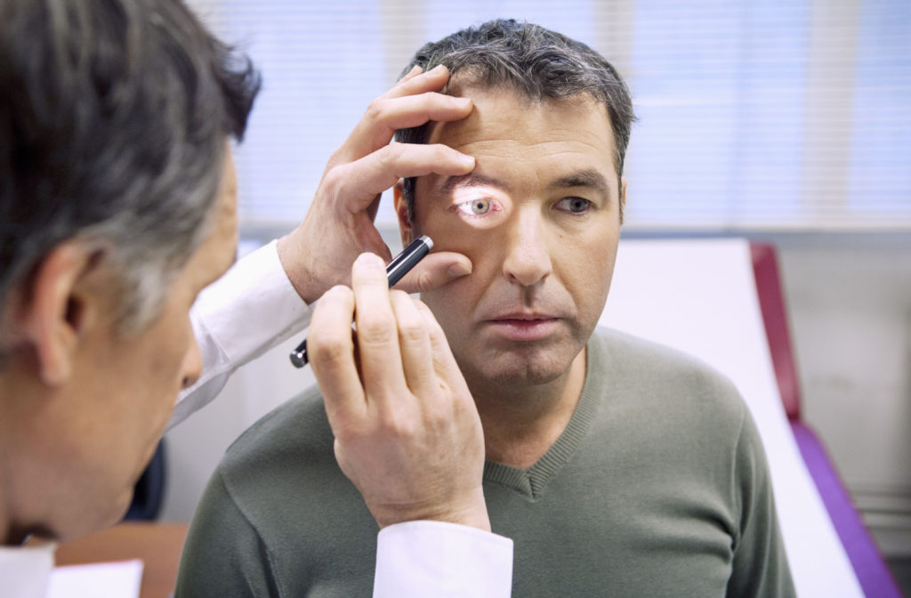 A man being examined by an eye doctor by shining a light unto his eye.