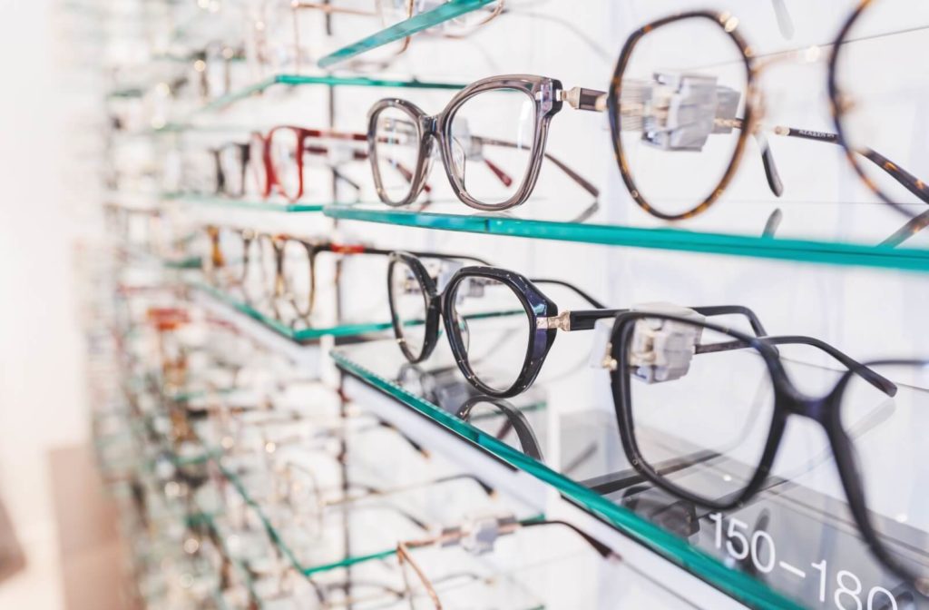 A display rack full of eyeglasses to choose from.