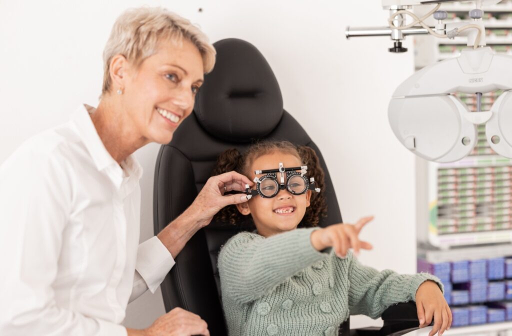 Child receiving a routine eye exam to monitor and manage myopia progression.