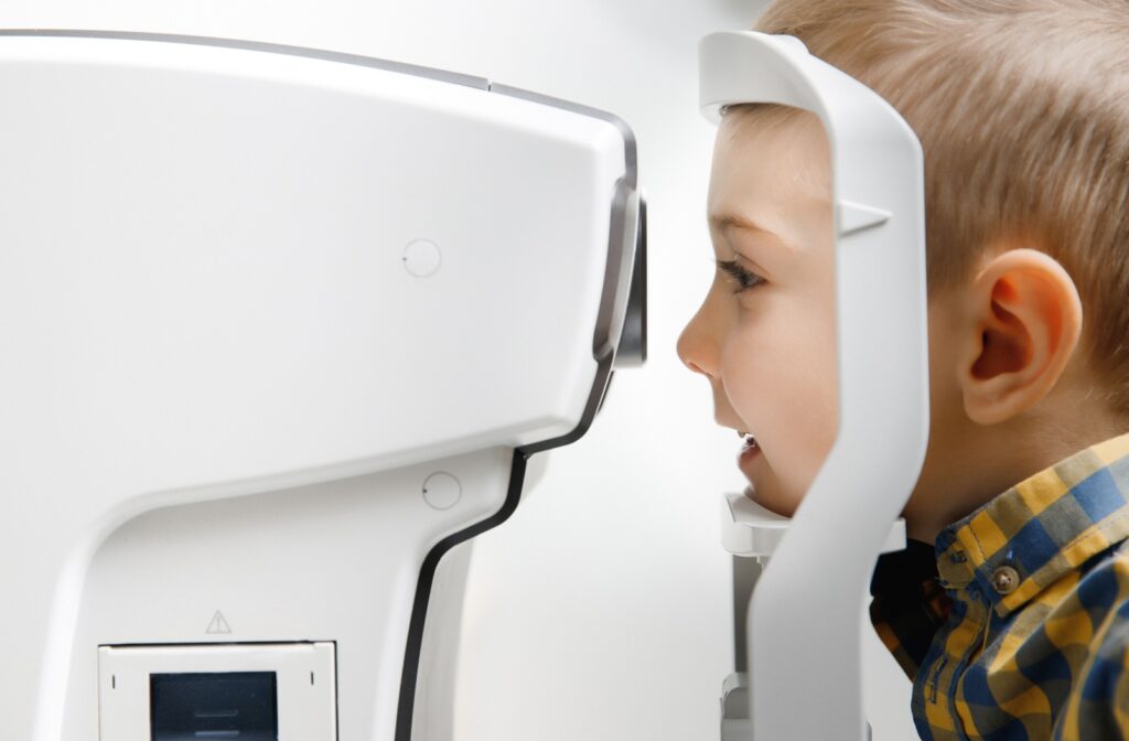 A child undergoes an eye test during an eye exam