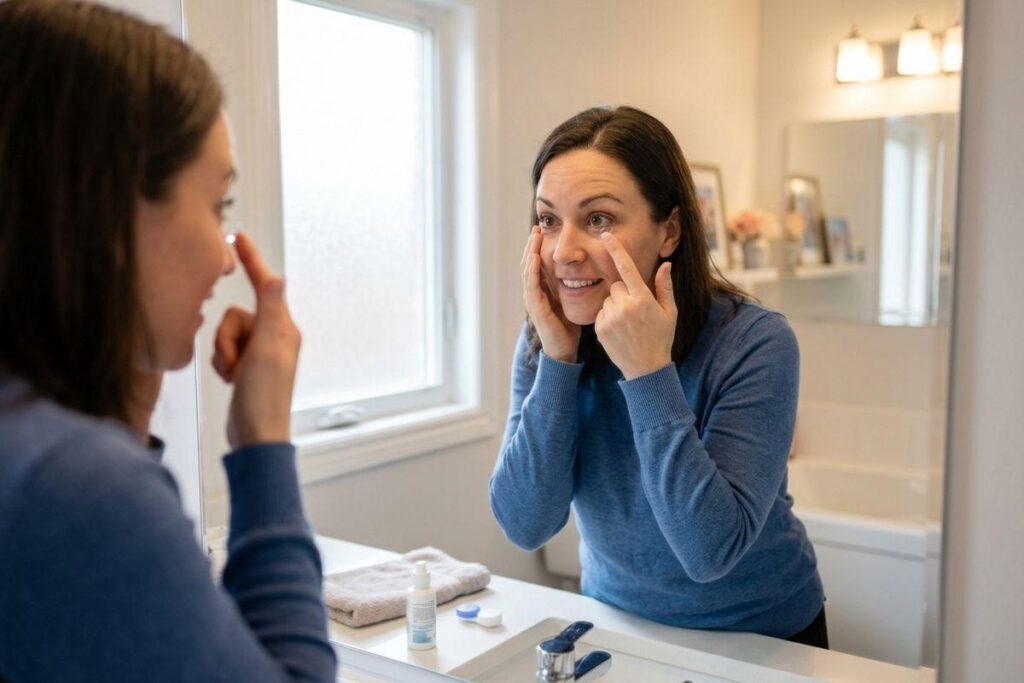 Adult inserting a contact lens while looking in a bathroom mirror, smiling, with a contact lens case and bottle on the counter.