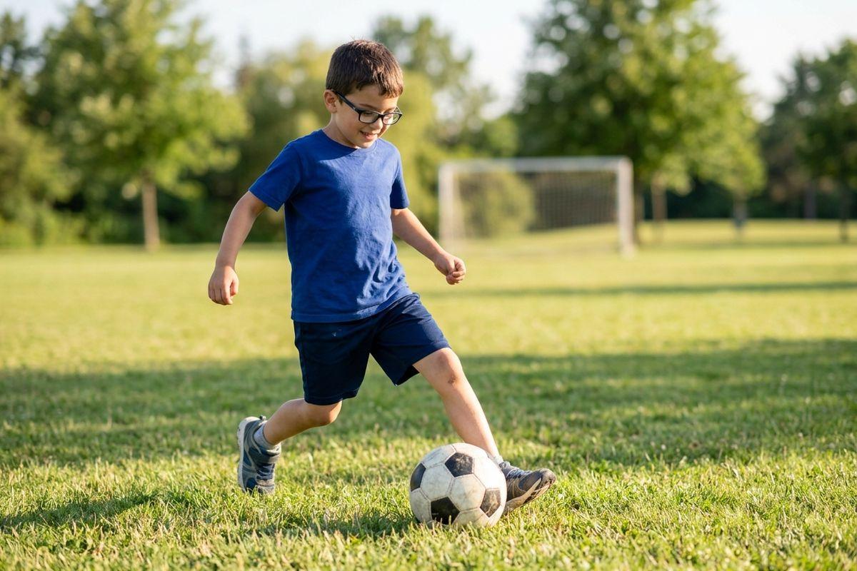 A child wearing glasses kicks a soccer ball on a grassy field, smiling, with a goalpost visible in the background.