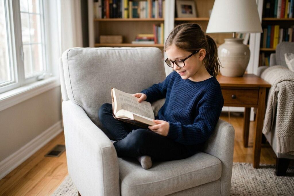 A child wearing glasses sits cross-legged in a gray armchair, smiling as they read a book in a home living room with bookshelves behind them.
