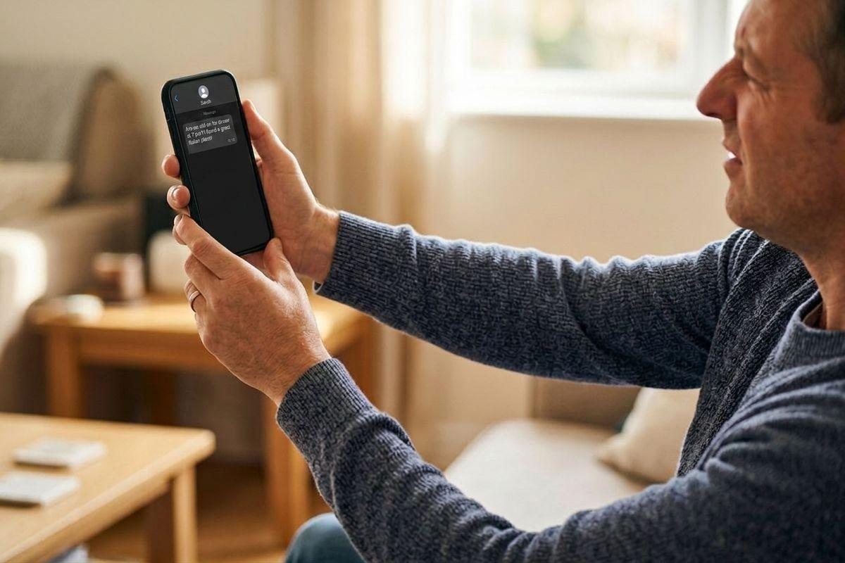 Adult in a grey knit sweater holds a smartphone at arm's length with both hands, reading a text message, seated in a bright living room.