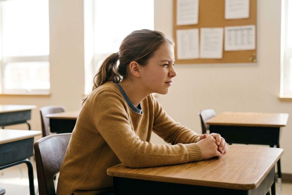 Teen in a mustard sweater sits at a wooden desk in an empty classroom, hands clasped, squinting ahead toward the window.