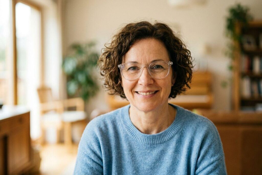 Adult with curly hair and glasses in a blue sweater, smiling at the camera in a sunlit room with plants and a bookshelf.