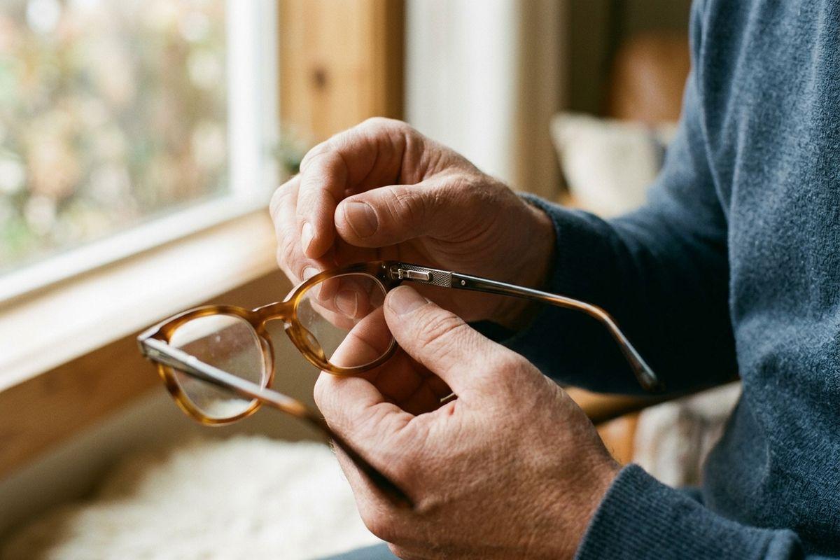 Close-up of an adult's hands holding tortoiseshell eyeglasses by a window, wearing a blue knit sweater.
