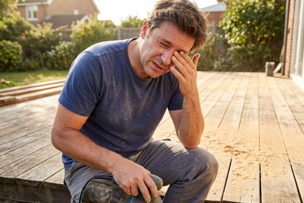 Adult crouching on a wooden deck, rubbing one eye while holding a power sander, clothes covered in sawdust, garden in background.