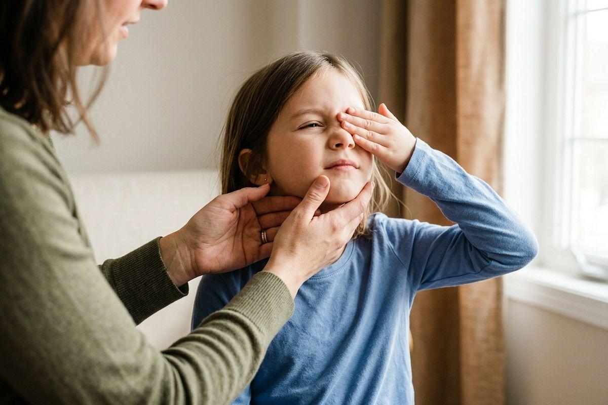 Adult feeling both sides of a child's neck near a window while the child grimaces and covers one eye with a hand.